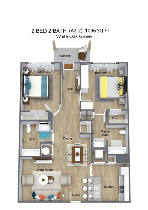 Floor plan for 2 beds, 2 baths, 1096 sqft